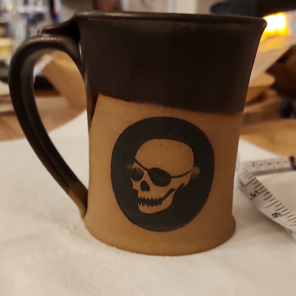 Skull Pirate Mug Patched Eye Hand Made Pottery Mug Artist Logo